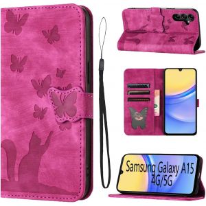 Kal-Housse Protection Pour Samsung Galaxy A15 Matériau En Cuir Pu Coque Samsung A15 Avec Fentes Pour Cartes Étui Motif Papillon Chat Coque Galaxy A15 Rose - Neuf