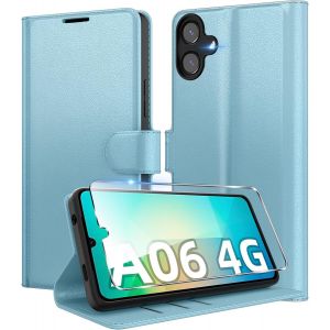 SJZG-Coque Pour Samsung Galaxy A06 4G En Premium Cuir Pu, Portefeuille Housse Etui Pour Cartes Protection Anti-Choc Flip Case Avec 1 Verre Tremp&eacute; Bleu - Neuf