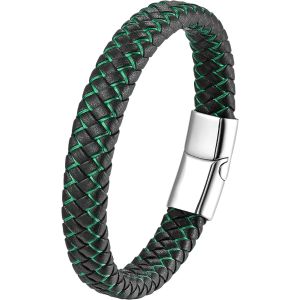 Eryi-Bracelet Cuir Homme Et Acier Inoxydable, 21cm Bracelet Tressé Pour Homme, Simple Bracelets Noir Marron Bleu Vert Rouge Blanc, Bijoux Cadeau Pour Hommes Papa, Avec Boîte - Neuf