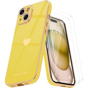 Pps-Coque Compatible Avec Iphone 15 Plus + 2 Films De Protection D'écran, Coque Pour Filles, Coque Galvanisée, Protection D'appareil Photo, Coque De Téléphone Pour Iphone 15 Plus, Jaune - Neuf