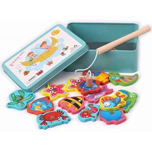 KAL-Jeu De P&ecirc;che Magn&eacute;tique Peche &Agrave; La Ligne Puzzles En Bois Pour Tout-Petits, Comprend 15 Poissons Diff&eacute;rents, 1 Canne - Neuf