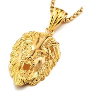Trahoo-Exclusif Tête De Lion Pendentif - Collier Homme Femme Acier Inoxydable Avce Chaîne De Blé - Neuf