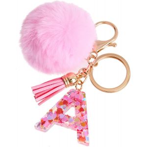 KAL-Porte-Clés Rose Avec Lettre Porte-Clés Fille Initiale Cadeau Femmes Porte-Clés Boule De Poils Décorer Pour Sac Sac À Dos Porte-Clef Gland Or Porte-Clef Femme - Neuf