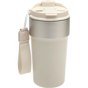 Mug Isotherme Cafe 500ml, Gobelet Isotherme Avec Paille Et Sortie, Acier Inoxydable Tasse Isotherme Pour Cafe, Double Paroi Mug Thermos Réutilisable, Beige - Neuf