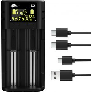 Chargeur Accu 21700 avec Test de Capacité Intégrée,2 Cables Intelligent LCD-Display,Rapide 2 A Chargeur de Piles pour 18650 21700 20700 1.2 V Ni-MH Ni-CD AA AAA C Batteries Rechargeable - Neuf
