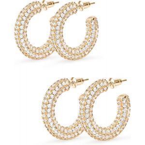 Kal-Boucles D'oreilles Créoles Pavées De 25 Mm - Bijoux Élégants Pour Femme - Boucles D'oreilles Scintillantes, Laiton - Neuf