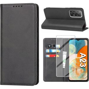 KALANKA-&Eacute;tui de protection pour Samsung avec film de protection en verre blind&eacute; - En cuir - Avec compartiment pour cartes - Fonction support - Anti-chocs - Pliable - Noir - Neuf