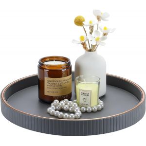 Plateau De Service, Grand Rond Plateau Decoratif En Cuir, Decoration Table, 30 Cm (Gris) - Neuf