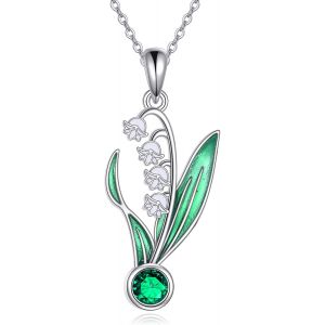 Collier Muguet Argent Sterling S925 Pendentif Fleur &Eacute;meraude Verte Pierre De Naissance Mai Bijoux Cadeau Anniversaire - Neuf