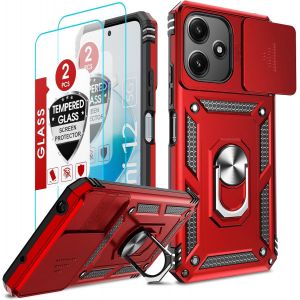 Kal-Coque Pour Xiaomi Redmi 12 4g/5g Antichoc Avec 2*Verre Trempé+Lentille Coulissante Couverture,Anneau Support, Protection De Caméra, Militaire Pc Dur Renforcée Armure Housse Etui-Rouge - Neuf