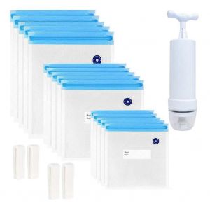 Lot de 20 sachets sous vide reutilisables, 1 pompe manuelle, 3 tailles de sachets scelles, 4 clips - Neuf