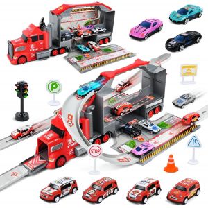 KAJGL-Camion Transporteur Jouet,Transporter Truck Cars Jouets,Camion De Transport,Jouet De Voiture Avec 8 Voitures De Course,Voiture Course Rue Cadeau Pour Enfant Garçons (Brandbekämpfung) - Neuf