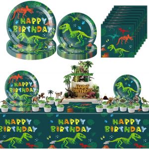 Tianyi-Decoration Anniversaire Dinosaure, Vaisselle Anniversaire Dinosaure, Dino Vaisselle De Fête Avec Avec Serviettes, Assiettes En Papier, Nappe, Décoration De Gâteau - Neuf