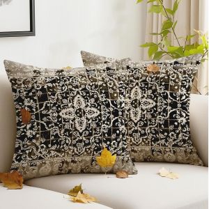 CAUC-Lot de 2 Housses de Coussin Boh&egrave;me 45x45 cm Style Vintage Noir Exotique en Velours D&eacute;coratives Abstraites pour Jardin Canap&eacute; Bureau Salon Lit - Neuf