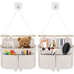 Cauc-Lot De 2 Organiseurs Muraux Suspendus En Lin De Grande Capacit&eacute; - Pliable - Avec 3 Compartiments Et 2 Crochets - Pour La Maison, Le Bureau, Le Dortoir, Le Magasin, Le Camping-Car (Beige) - Neuf