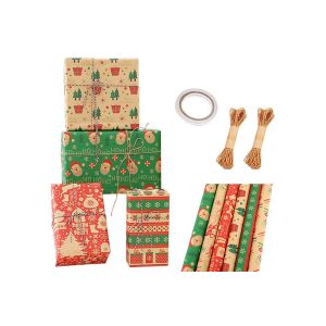Lot de 6 feuilles de papier cadeau de No&euml;l avec ficelle de jute et ruban adh&eacute;sif, papier kraft, 70 x 50 cm, emballage cadeau &eacute;cologique - Neuf