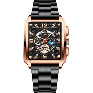 Eryi-Montre Homme Rectangulaire Etanche : Montre Homme Bracelet Acier Inoxydable Analogique Quartz 3atm Etanche Avec Trois Yeux Cadran Décoratif Et Aiguilles Luminescent- Cadeau Anniversaire - Neuf