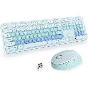 Ensemble Clavier Et Souris Sans Fil,Clavier De Machine À Écrire,2.4Ghz Clavier De Machine À Écrire À Touches Rondes Avec Pavé Numérique,Clavier De 104 Touches(Américain Qwerty)(Bear Pink) - Neuf