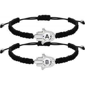 Kal-Bracelet Personnalisé Avec 26 Lettres De A À Z - Main De Fatma - Bracelet De Protection Contre Le Mauvais ?il - Porte-Bonheur - Cordon Noir Tressé Réglable - Neuf