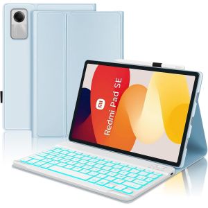 Coque Clavier Pour Redmi Pad Se 11 Pouces 2023, Azerty Clavier Rétro-Éclairé Bluetooth Magnétique Amovible Pour Xiaomi Redmi Se, Bleu Clair - Neuf