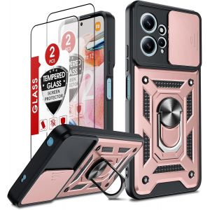 Kal-Coque Pour Xiaomi Redmi Note 12 4g(Pas 5g) Anneau Avec 2*Verre Trempé+Full Protection Caméra Coulissante, Étui De Pc Dur Et Tpu Silicone Militaire Anti-Rayures Coque Redmi Note 12 Antichoc-Rose - Neuf
