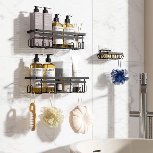 Etagere Salle De Bain Avec Porte-Savon,3pcs,Etagere Douche Sans Percage,Accessoire Salle De Bain Antirouille,Rangement Douch Avec Crochets,Essentiels Pour La Salle Bain,Cuisine (Noir) - Neuf