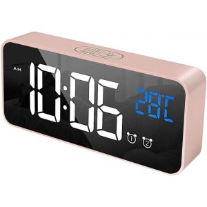 ChenQuanSarl-Réveil Numérique Avec Grand Affichage De La Température Led, Alarme De Miroir Portable Avec Double Alarme Roupillon Temps Gradateur De Luminosité Réglable Sur 4 Niveaux (Rose) - Neuf
