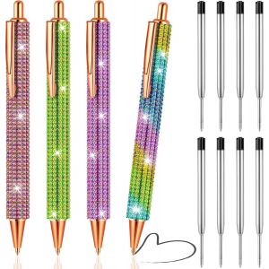 Chenquansarl-Stylos Bling-Bling Pour Femme, 4 Stylos Color&eacute;s &Agrave; Paillettes &Agrave; Strass Et 8 Recharges R&eacute;tractables &Agrave; Encre Noire Pour Cadeaux Et Fournitures De Bureau (0,7 Mm) - Neuf