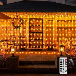 Rideaux lumineux &agrave; &eacute;nergie solaire,6M x 1M, guirlande lumineuse f&eacute;erique en cascade, fil vert, lumi&egrave;res solaires de jardin ext&eacute;rieur avec t&eacute;l&eacute;commande, &eacute;tanche - Neuf