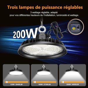 Ufo 200W Led Plafonnier Garage Light,&Eacute;clairage Pour Atelier 6000K,120&deg;&Eacute;clairage Ip65 Lampe Industrielle Adapt&eacute;e Aux Hangars,Usines,Entrep&ocirc;ts,Chantiers De Construction,Garages,Stades - Neuf