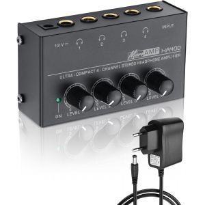 LORANKA-HA400 4 canaux amplificateur de Casque st&eacute;r&eacute;o, m&eacute;tal Mini Splitter Audio avec contr&ocirc;le de Volume ind&eacute;pendant, 1/4 ""Sortie et entr&eacute;e TRS, avec Adaptateur 12V pour Studio, sc&egrave;ne, PC, Guitare - Neuf