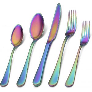 Ensemble De 5 Couverts En Acier Inoxydable Finition Satin&eacute;e, Service De Couverts De Cuisine, Arc-En-Ciel - Neuf