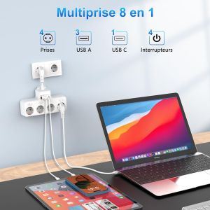 8 en 1 Multiprise USB 4 Prises avec 4 Ports USB Chargeur de Voyage (5V/3A,5V/2.4A) Multi Prise Multiple Electrique 3680W 16A avec 4 Interrupteur Individuel Multiple pour Maison, Bureau-Blanc - Neuf