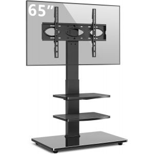 MEVRONISSHOP-Support TV Pied Meuble TV Verre Tremp&eacute; Pivotant pour TVs et Ecrans de 32 &agrave; 70 Pouces LCD LED avec 3 Etag&egrave;res Hauteur R&eacute;glable Supporter 50kgs VESA Max 400 x 400 mm - Neuf