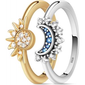 Kal-Bague Soleil Et Lune, 2pcs Bagues Motif Lune Soleil Scintillant, Bague Or/Argent, Bague En Forme De Lune Et De Soleil, Bague D'amiti&eacute;, Pour Femme, Couples - Neuf