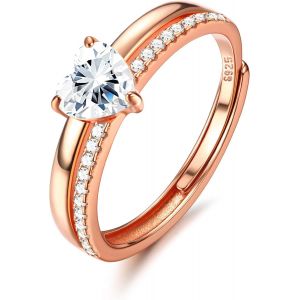 Kal-Bague Argent 925 Femme Bague Coeur Brillant Cz Bague Plaqué Or 18k Empilables Alliance Femme Bague De Fiancailles Bague Promesse Mariage Bague Pouce Reglable Bague Femme Argent/Or/Or Rose - Neuf