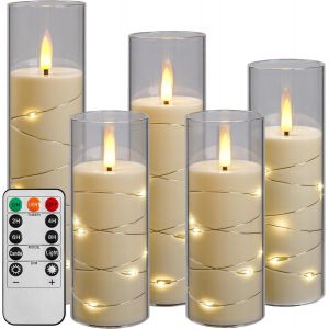 Bougie Led Avec Guirlandes Lumineuses, Bougie &Agrave; Piles Avec T&eacute;l&eacute;commande Et Minuterie De 24 Heures, Bougie Lumineuse Sans Flamme Pour La D&eacute;coration Int&eacute;rieure (Blanc Ivoire, Lot De 5) - Neuf