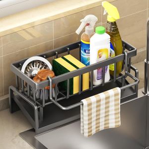 Eryi-Porte Eponge Evier Cuisine, Acier Carbone Support Eponge Evier Cuisine, Range Eponge Evier Avec Porte-Serviettes, Organisateur Evier Cuisine Pour Brosse, Savon À Vaisselle, Salle De Bain (Gris) - Neuf