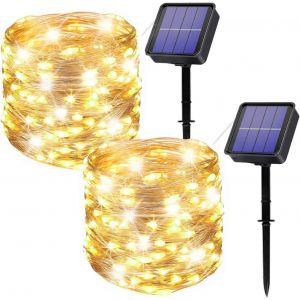 KAL-[Lot De 2] Guirlande Lumineuse Exterieur Solaire,2X14M 120 Led Guirlande Guinguette Solaire Exterieure Étanche 8 Modes Décoration Lumière Pour Jardin, Cour, Maison, Noël, Mariage, Fête(Blanc Chau - Neuf