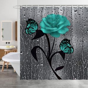 Rideau de douche 180 x 180 cm (fleur) anti-moisissure r&eacute;sistant &agrave; la moisissure rideaux de douche de salle de bain rideau de douche imperm&eacute;able polyester rideaux de douche verts avec 12 crochets - Neuf