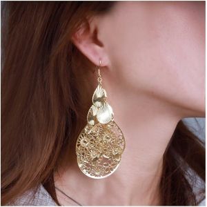 Kal-Boucles D'oreilles Chandelier En Filigrane Or Boucles D'oreilles Filigrane Goutte D'eau Boucles D'oreilles Fleurs Creuses Ovales Boucles D'oreilles Pendantes Boucles D'oreilles Chandelier - Neuf