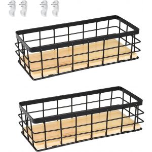 Cmwx-Lot De 2 Corbeilles En Métal Noir - Panier Décoratif Pour La Maison, La Salle De Bain - Base En Bois Amovible - Pour Fruits, Collations, Cuisine, Garde-Manger - Neuf