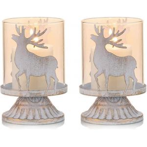 Lot de 2 bougeoirs en métal blanc Pilier Bougeoirs Ouragan Bougeoirs Style en détresse - Neuf