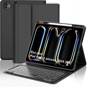 Clavier pour iPad Pro 13 Pouces M4 2024 avec R&eacute;tro&eacute;clair&eacute;, &Eacute;tui Clavier pour iPad Pro 13"" Keyboard Magn&eacute;tique D&eacute;tachable Bluetooth Fran&ccedil;ais AZERTY Layout, Noir - Neuf