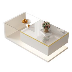 Table basale table d'appoint laque brillant blanc, 100 cm de longueur avec verre et effet LED - Neuf