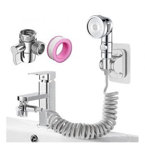 Ensemble de douche pour lavabo, pommeau de douche &agrave; main 3 jets avec 3 adaptateurs pour robinet, longueur 1,5 m&egrave;tre, blanc - Neuf