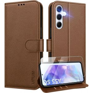 Kal-Coque Pour Samsung Galaxy A55 5g Coque Etui Portefeuille Cuir Avec Verre Tremp&eacute; Protection &Eacute;cran Porte Carte Rabat Clapet Flip Case &Eacute;tui Cover Housse Etui Pour Samsung Galaxy A55 5g,Marron - Neuf