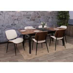 Lot de 6 chaises de salle &agrave; manger HWC-O44, chaise de cuisine, bois courb&eacute; simili-cuir Oeko-Tex MVGaspect noyer, blanc - Neuf