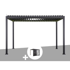 Pergola Bioclimatique &Eacute;lectrique Evora Graphite - 4 X 3 M + Persiennes Coulissantes C&ocirc;t&eacute; 3 M - Hesp&eacute;ride - Neuf