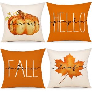 CAUC-Lot de 4 Housse Coussin Automne 50x50 Deco Automne Housses de Coussin en Lin Feuilles Couronne Automne Citrouille Coussin pour Canap&eacute;, Maison, Jardin, Chambre Coucher Coussin Automne 50 x 50 cm - Neuf